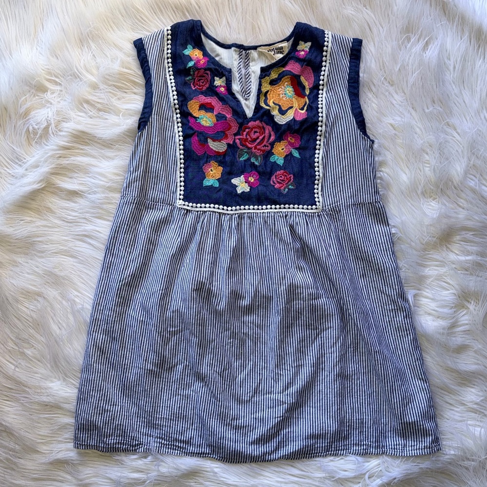 Savanna Jane Embroidery Floral Blue Striped Midi Dress